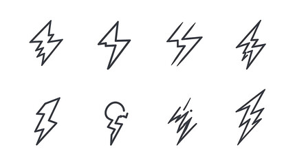 Poster - Set of lightning outline icons,  thunderbolts and an electric flash of power, Black, thin-line electrical strikes are accompanied by light and thunder effects during thunderstorms and rain