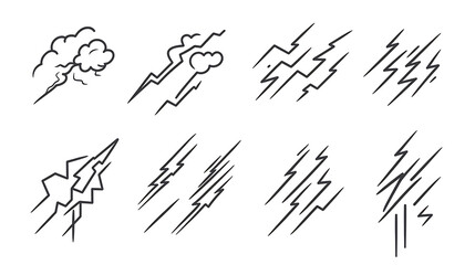 Poster - Set of lightning outline icons,  thunderbolts and an electric flash of power, Black, thin-line electrical strikes are accompanied by light and thunder effects during thunderstorms and rain