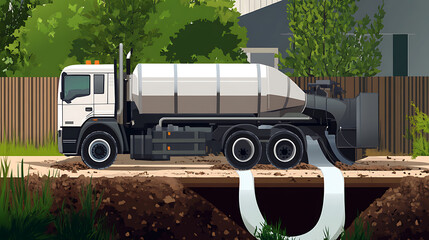 Poster - Septic truck pumps drainage for waste removal, Concept: Septic System, Waste Removal, Pumping Machine