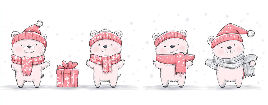 
Cute bear characters in a line, wearing scarves and hats, holding Christmas gifts. Simple lines, white background