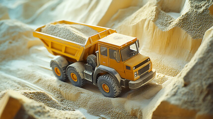 Poster - Sand is being transported by a yellow excavator truck on an industrial cement factory, Concept for the concrete plant industry
