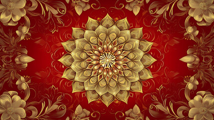 Poster - Red luxury background with gold mandala ornament and floral design