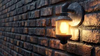 Poster - Quaint Alley Ambiance: Gas Light Glowing on a Brick Wall