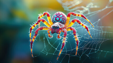Colorful spider at the center of a web, beautiful background, blurred background, macro photography, photorealistic landscapes