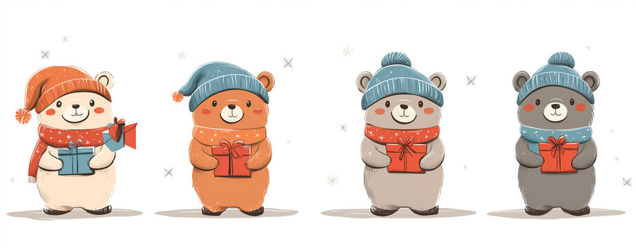 
Cute bear characters in a line, wearing scarves and hats, holding Christmas gifts. Simple lines, white background