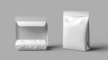 Aufkleber - Plastic pack template for antibacterial napkins and wet wipes, Front and angle views of a blank white box, Realistic 3D vector cosmetic foil bag mockup for toilet tissue, isolated on a gray background