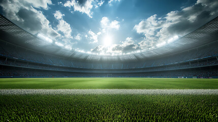Poster - Panoramic Cricket Stadium: High-definition panoramic view of a cricket stadium under daylight and stadium lights, capturing the contrast between different atmospheres