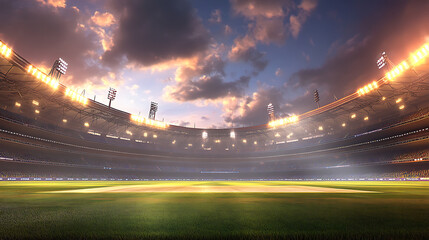 Aufkleber - Panoramic Cricket Stadium: High-definition panoramic view of a cricket stadium under daylight and stadium lights, capturing the contrast between different atmospheres