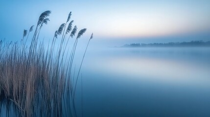 Poster - Silhouetted Reeds Against a Foggy Lake at Dawn
