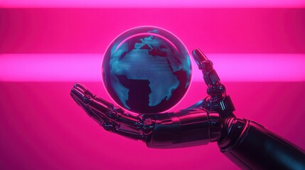 Poster - Vibrant Robot Hand Holding Holographic Earth