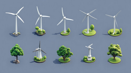 Poster - long-vane wind mills, wind turbines, and wind power plants, concepts of green and alternative eco-en