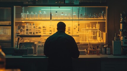 Poster - A Silhouetted Figure Standing Before a Glass Cabinet Filled with Chemical Bottles and Laboratory Equipment
