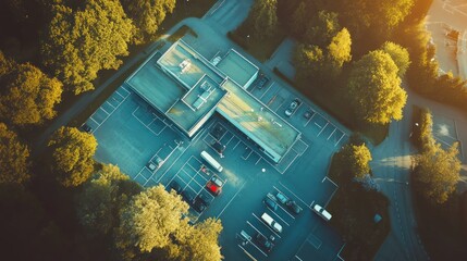 Poster - Aerial View of a Building with a Parking Lot and Surrounding Trees