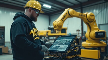Poster - A Worker in a Yellow Hard Hat Operates a Robotic Arm in a Factory Setting