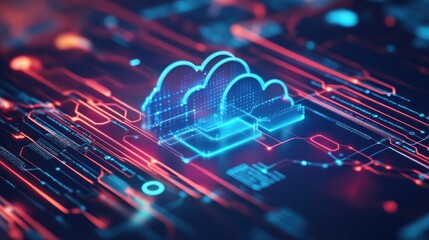 Poster - Digital Cloud Icon on Abstract Circuit Board with Red and Blue Lighting