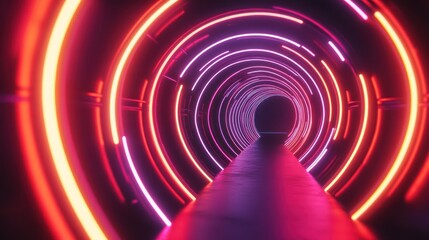 Poster - A neon-lit tunnel with a pathway leading to a dark center.