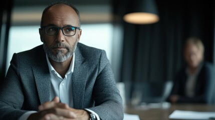 Fototapete - Portrait of a Man in a Grey Suit and Glasses Sitting at a Table