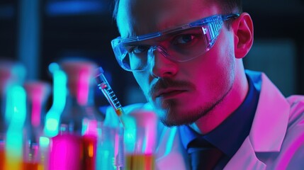 Poster - A Close-Up Portrait of a Male Scientist in a Lab with Colorful Test Tubes and a Serious Expression