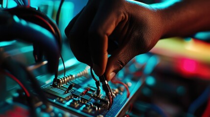 Poster - A Person's Hand Connecting Wires to a Circuit Board