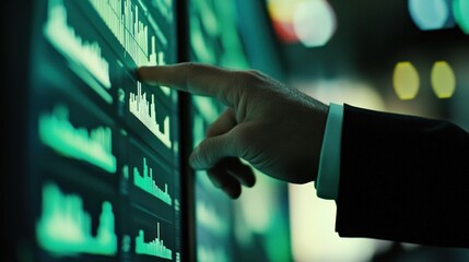 Poster - Hand Pointing at Green Data Charts on a Screen
