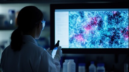 Poster - A Scientist in a Lab Coat Examining a Computer Screen with a Microscope