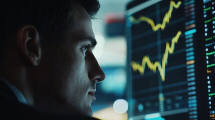 Poster - A Man's Profile View Focused on a Computer Screen with a Stock Market Chart