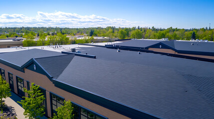 Poster - Images from a midday drone photo shoot of asphalt shingles and TPO on commercial roofs, Sunny, Outside, Strip Mall, Architecture