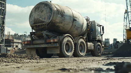 Aufkleber - In front of a cement factory and concrete batching plant is a concrete mixer truck, truck loaded with concrete mixer, up close, Concrete is delivered to the building site