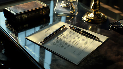 Poster - Fountain pen and proposal document on a desk with glass