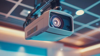Poster - Excellent 4K projector mounted in the conference room ceiling with ample copy space, projector during a lecture or business conference, for training centers and offices