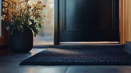 Poster - Elegant black doormat mockup in a modern environment, ideal for showcasing custom prints or logos at a front door of a house or business, copy space on the welcome mat, Doormat prototype, Carpet