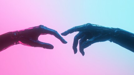 Poster - Robotic Hands Touching Human Hands in Colorful Background