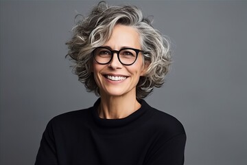 Portrait of a happy mature woman with grey hair and eyeglasses