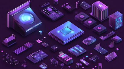 Fototapete - Electrical panels have an isometric shape, Computer power diodes, semiconductors, and tiny chip vector equipment sets are examples of hardware