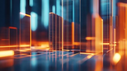 Poster - Abstract Cityscape with Glass Towers and Orange Lights