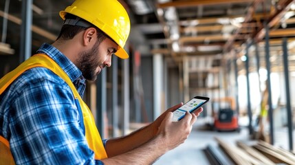 Poster - Construction Worker Using Smartphone at a Building Site