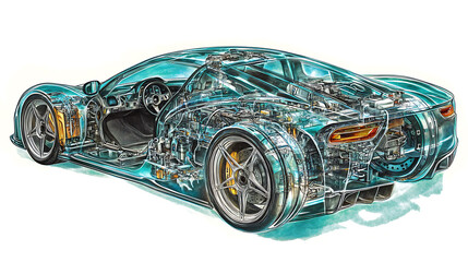 Aufkleber - Detailed cutaway illustration of modern car showcasing intricate internal components and advanced engineering design