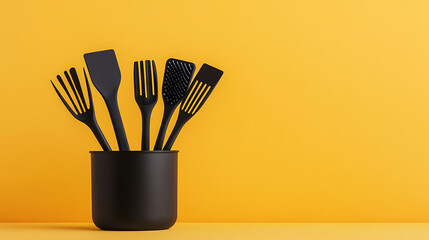 Aufkleber - Copyspace background for kitchen utensils, black kitchen tools, and rubber accessories in a container, home kitchen decor concept, Restaurant, cooking, culinary arts, silicone brushes and spatulas
