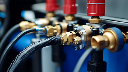 Aufkleber - Close-up view of industrial pneumatic tools connected to a compressed air system, with hoses and valves visible, The setup showcases precision and technology in a manufacturing environment