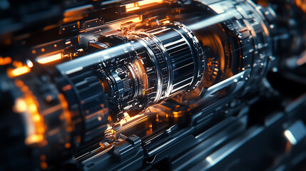 Leinwandbilder - Close-up of a sleek, modern automatic transmission with a complex array of gears, wires and hydraulic lines, illuminated by soft lighting