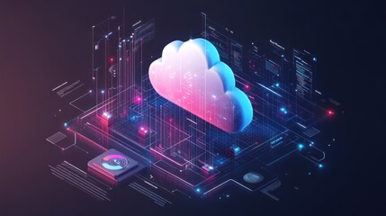Poster - A 3D Cloud Computing Network Illustration with Data and Servers