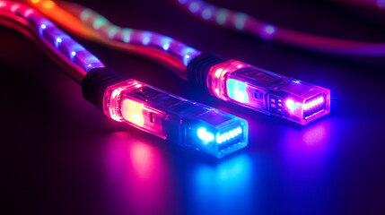 Poster - Close-up of RJ45 Ethernet cables with vibrant LED lights
