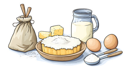 Poster - Cartoon isolated kitchen set up with ingredients for baking cake for dessert, including butter, eggs, sugar, and flour in a bag, A set of baking ingredients, utensils, and tools in vector illustration