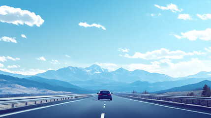 Poster - car driving on a highway in the summer, mountains in the background