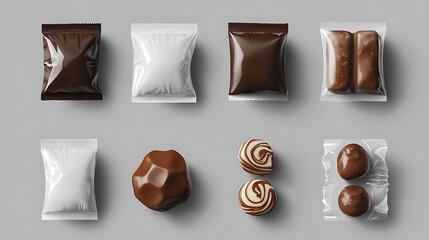 Poster - Candies, chocolate, lollipops, truffles, food snacks, and pouch sweets are produced in a white polyethylene package, Candy wrapper vector mockup set for design, isolated on gray background