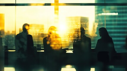 Fototapete - Silhouettes of People in a Modern Office Setting with a Blurred Digital Interface and Sunlight
