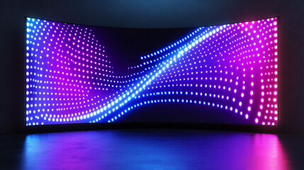 Poster - Authentic concave LED display for a wall or platform, Large TV display depicted in a vector illustration with neon blue and purple dot lights, Stadium digital scoreboard with diode lights