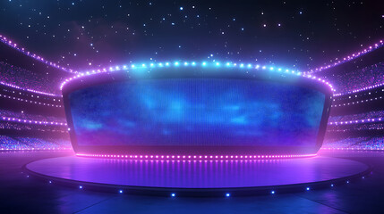 Aufkleber - Authentic concave LED display for a wall or platform, Large TV display depicted in a vector illustration with neon blue and purple dot lights, Stadium digital scoreboard with diode lights