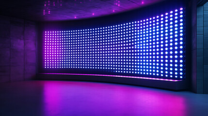 Aufkleber - Authentic concave LED display for a wall or platform, Large TV display depicted in a vector illustration with neon blue and purple dot lights, Stadium digital scoreboard with diode lights