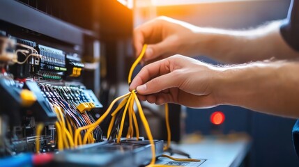 Poster - Close-up of Hand Connecting Yellow Wires to a Circuit Board